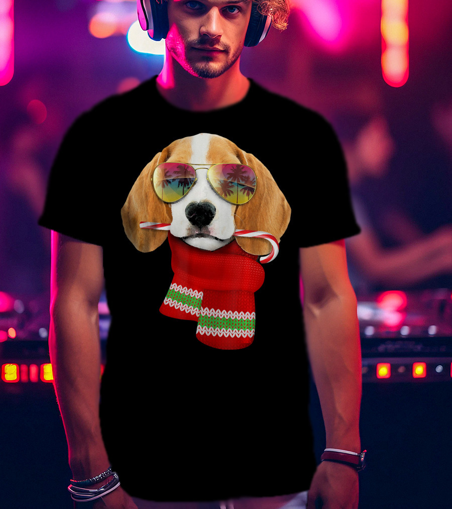 Christmas In July Beagle Sunglasses Candy Cane Scarf T-Shirt