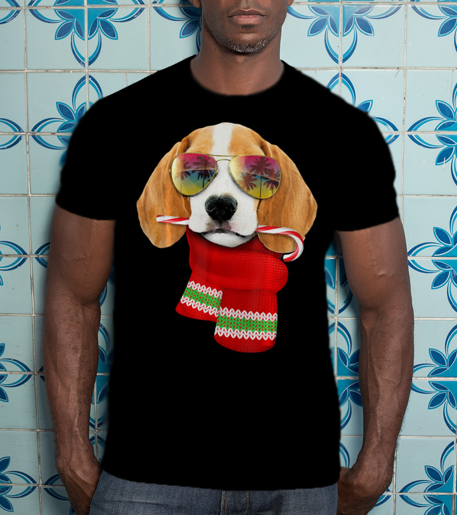 Christmas In July Beagle Sunglasses Candy Cane Scarf T-Shirt