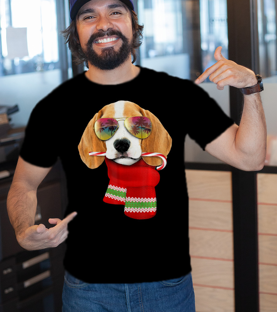 Christmas In July Beagle Sunglasses Candy Cane Scarf T-Shirt