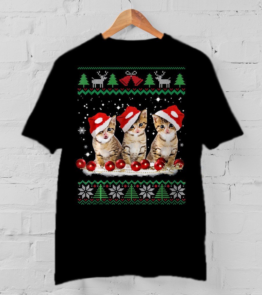 Ugly Christmas Cat Santa Hat Reindeer Bells Snowflakes Lights T-Shirt