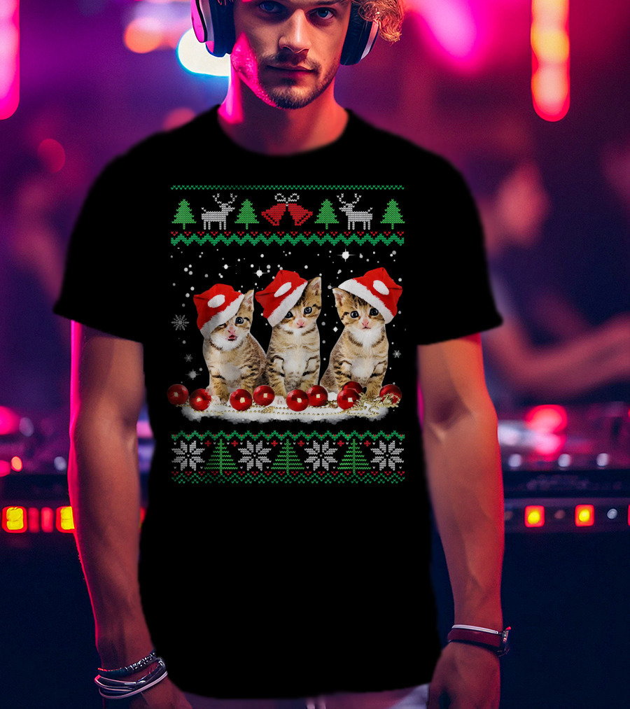 Ugly Christmas Cat Santa Hat Reindeer Bells Snowflakes Lights T-Shirt