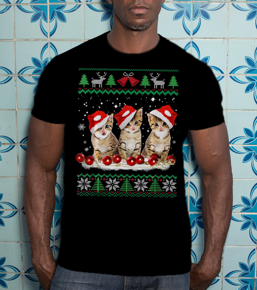 Ugly Christmas Cat Santa Hat Reindeer Bells Snowflakes Lights T-Shirt
