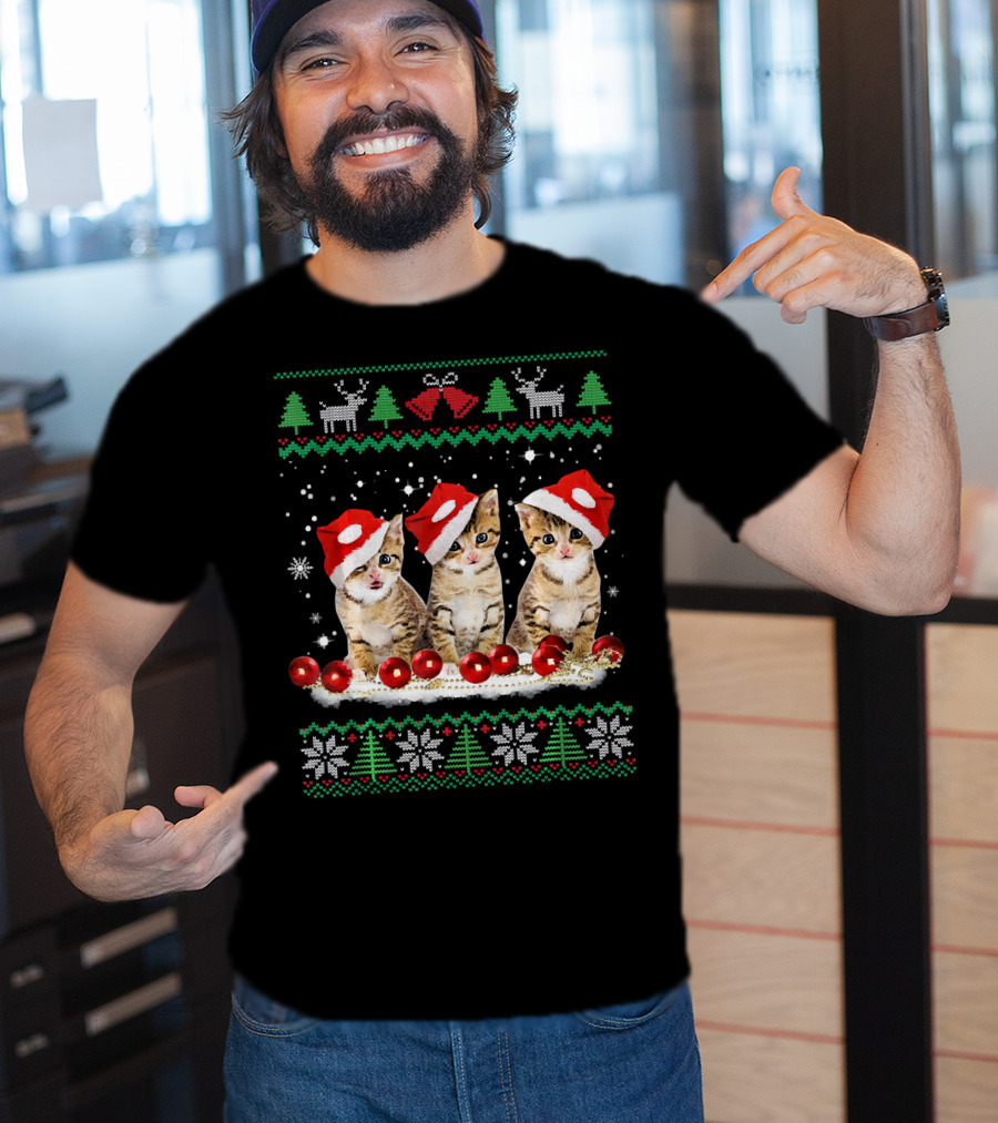 Ugly Christmas Cat Santa Hat Reindeer Bells Snowflakes Lights T-Shirt