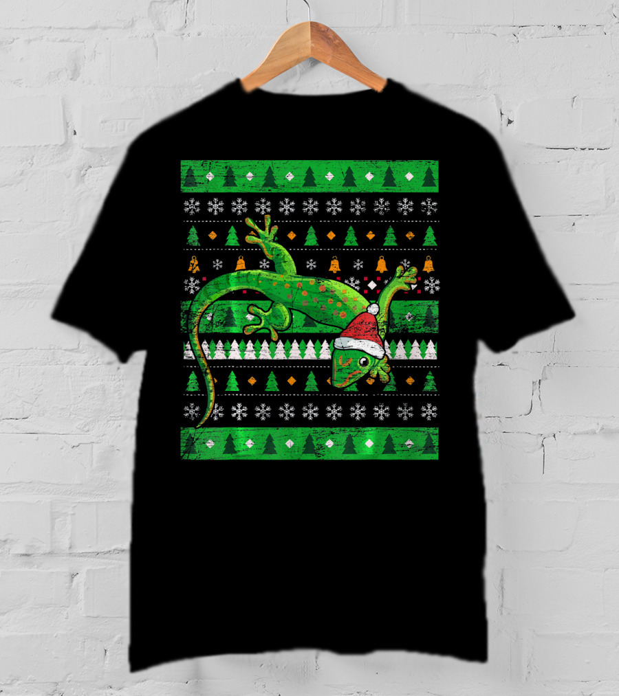 Ugly Christmas Lizard With Santa Hat And Holiday T-Shirt