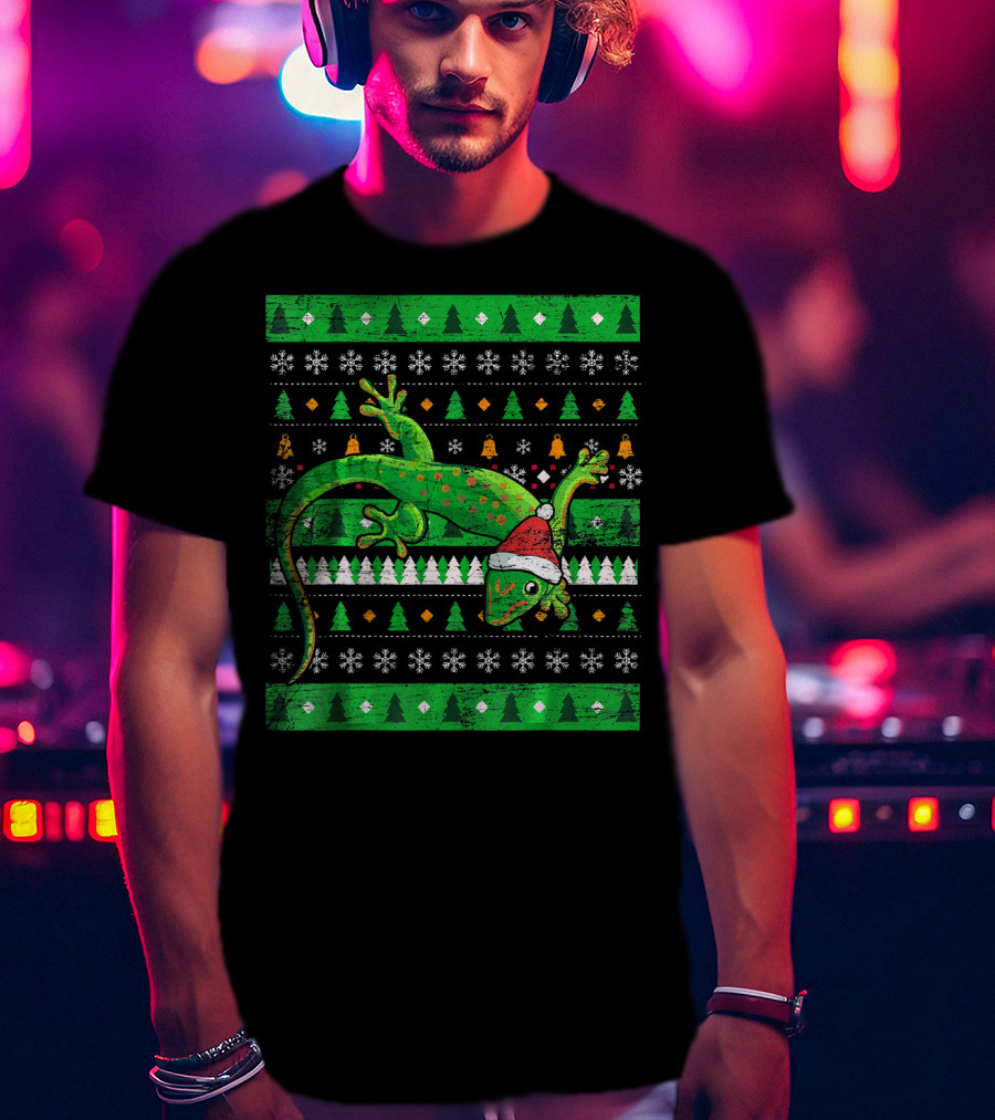 Ugly Christmas Lizard With Santa Hat And Holiday T-Shirt