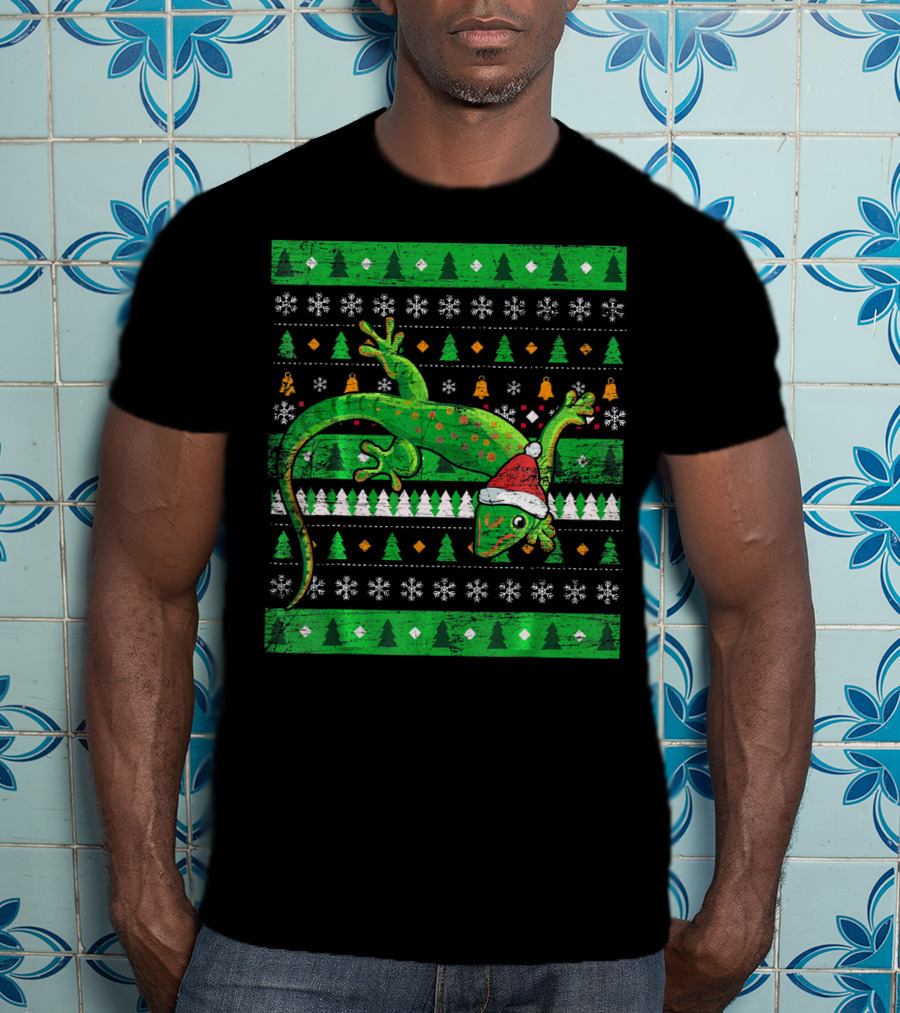 Ugly Christmas Lizard With Santa Hat And Holiday T-Shirt