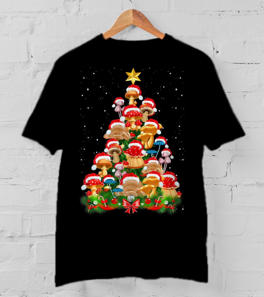 Mushroom Christmas Tree With Santa Hats And Snowflakes For Garden Lovers T-Shirt