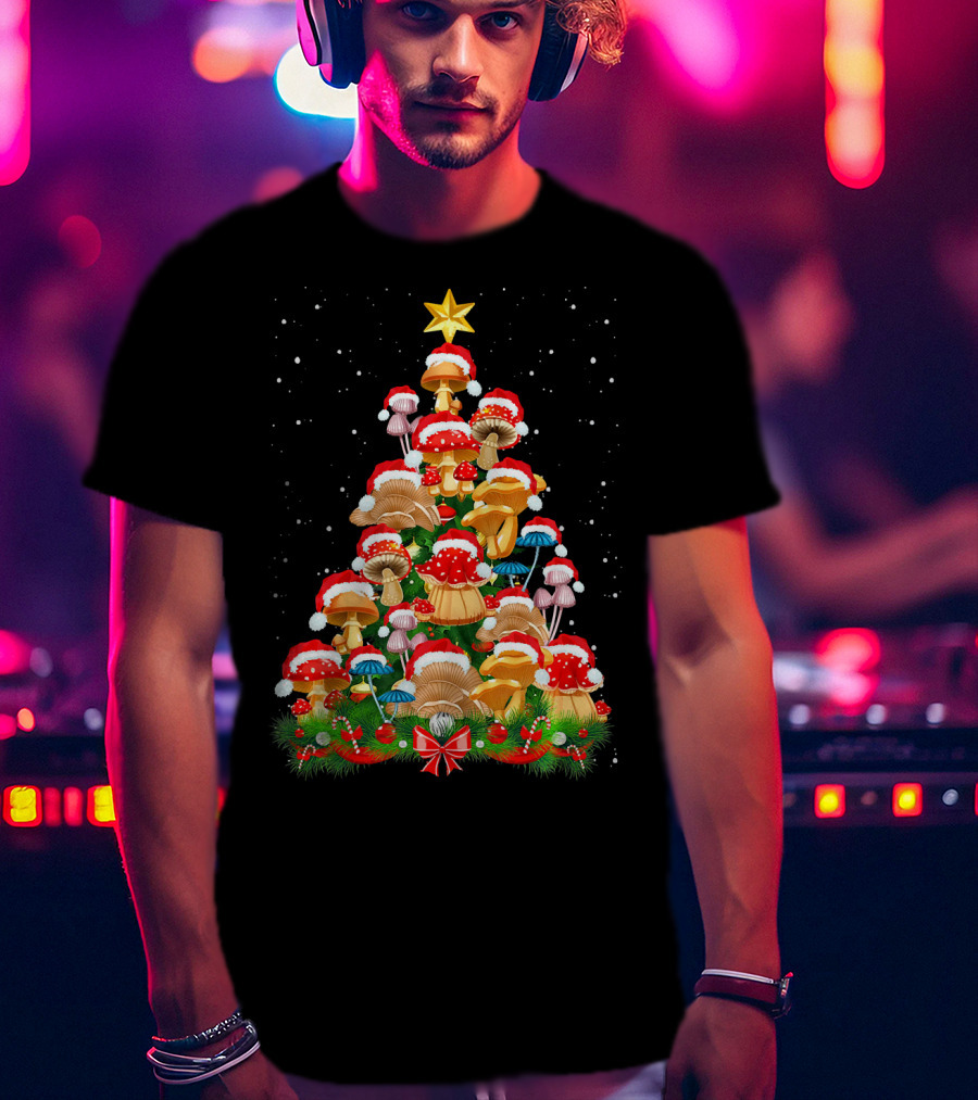 Mushroom Christmas Tree With Santa Hats And Snowflakes For Garden Lovers T-Shirt