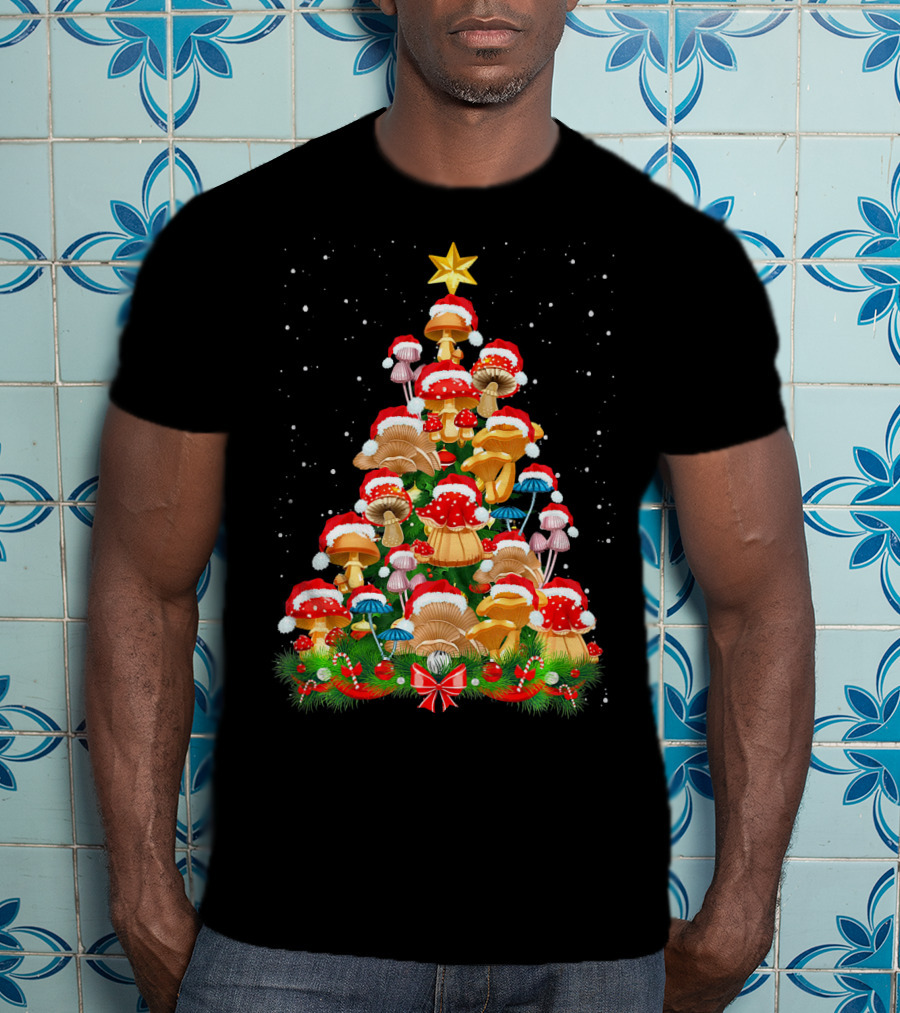 Mushroom Christmas Tree With Santa Hats And Snowflakes For Garden Lovers T-Shirt