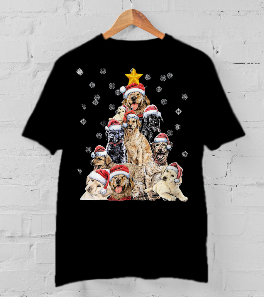 Labrador Puppies With Santa Hats Forming A Christmas Tree With Star And Snowflakes T-Shirt