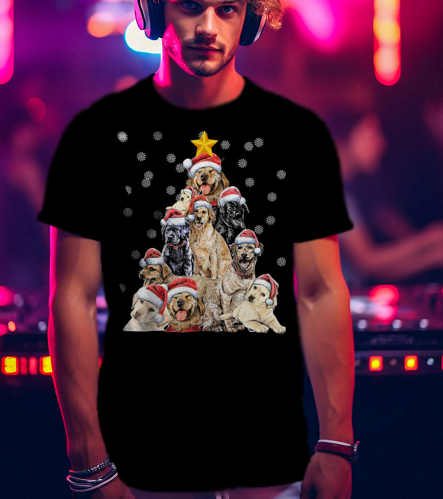Labrador Puppies With Santa Hats Forming A Christmas Tree With Star And Snowflakes T-Shirt