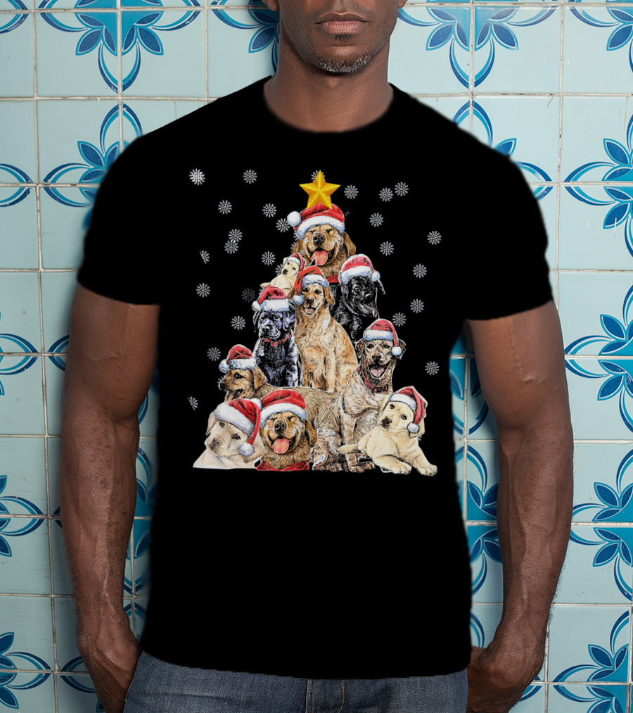 Labrador Puppies With Santa Hats Forming A Christmas Tree With Star And Snowflakes T-Shirt