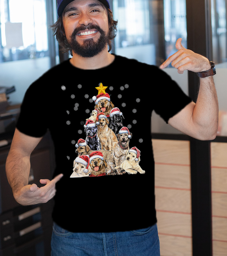 Labrador Puppies With Santa Hats Forming A Christmas Tree With Star And Snowflakes T-Shirt