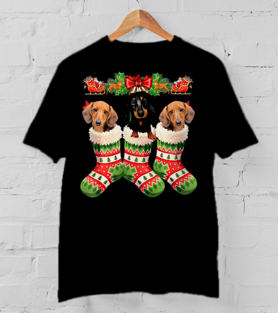 Dachshund Christmas Dogs In Festive Stockings T-Shirt