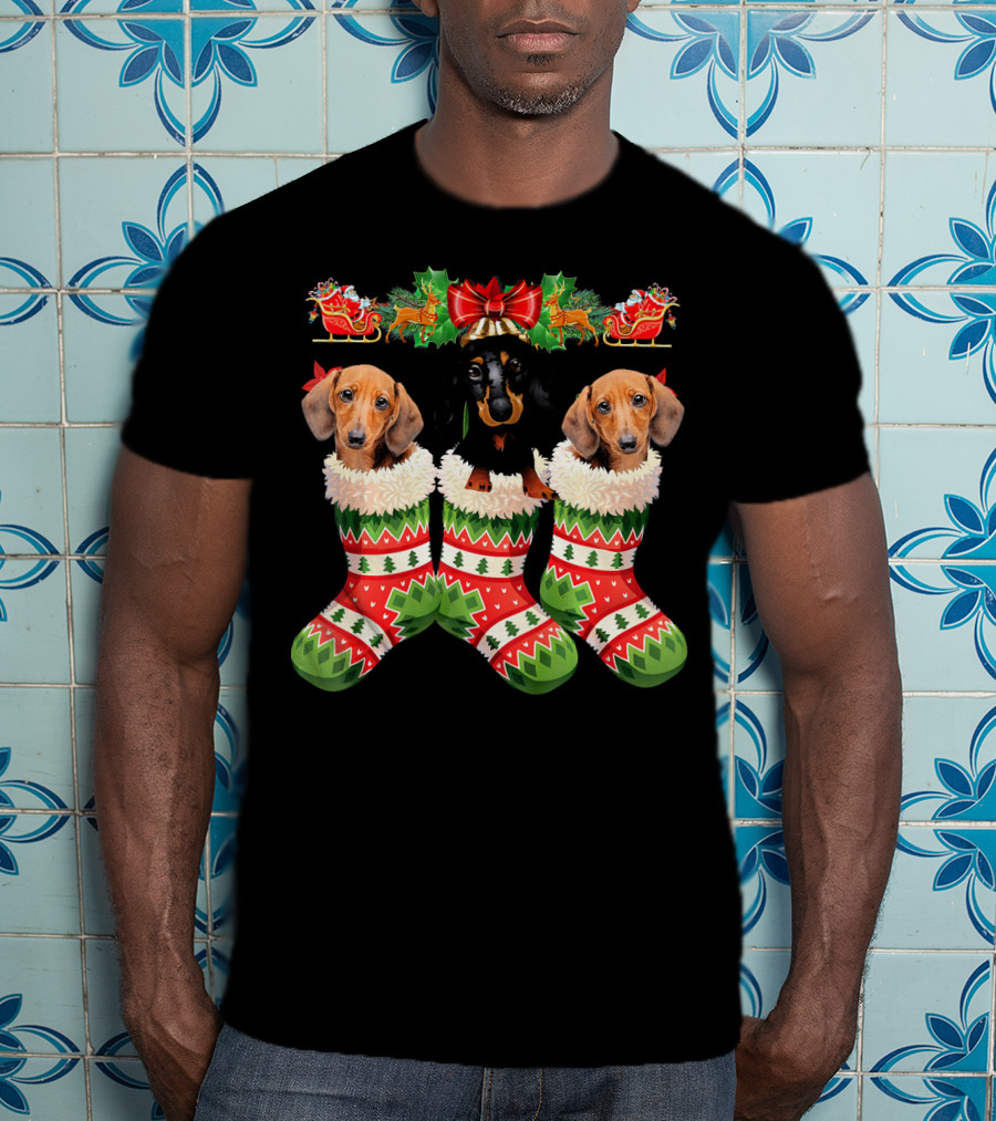 Dachshund Christmas Dogs In Festive Stockings T-Shirt