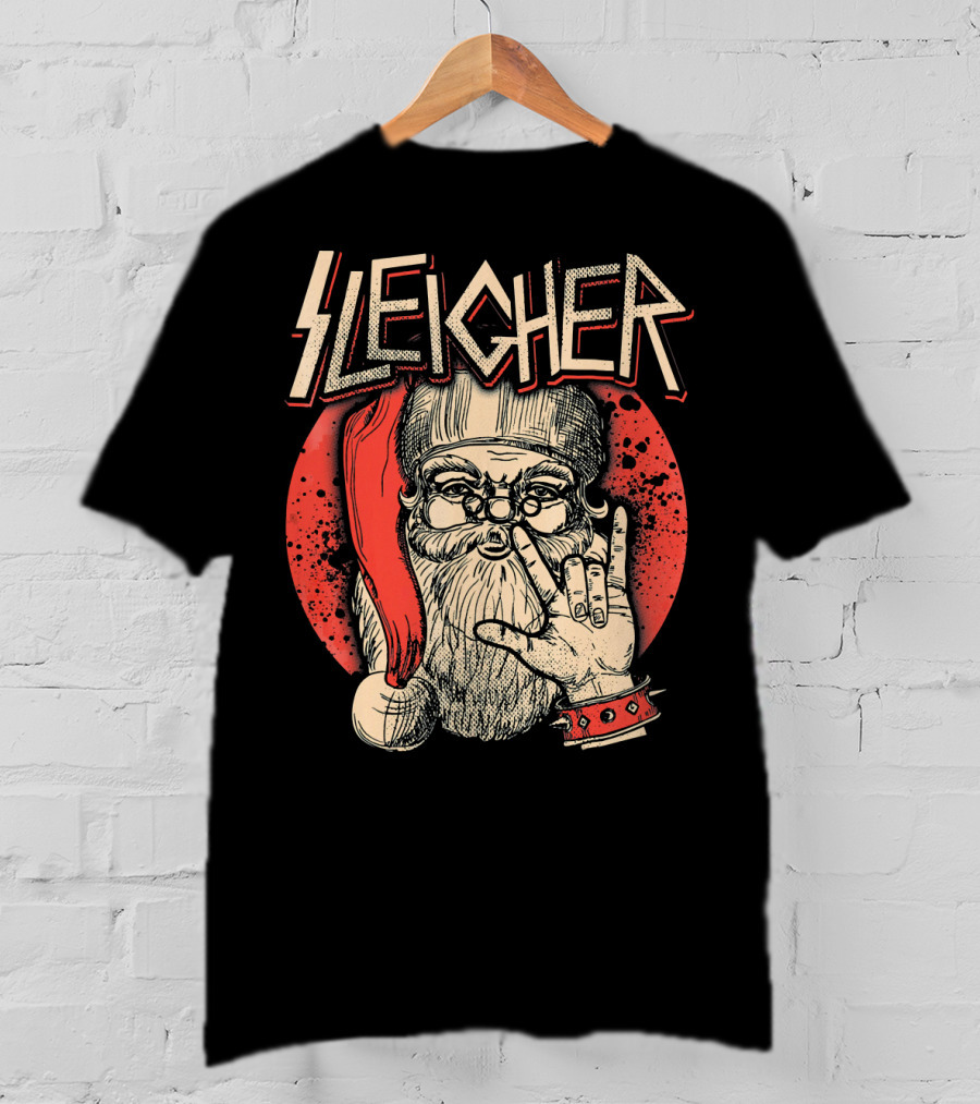 SLEIGHER Heavy Metal Music Santa Circle Red Santa Hat Hand Gesture T-Shirt