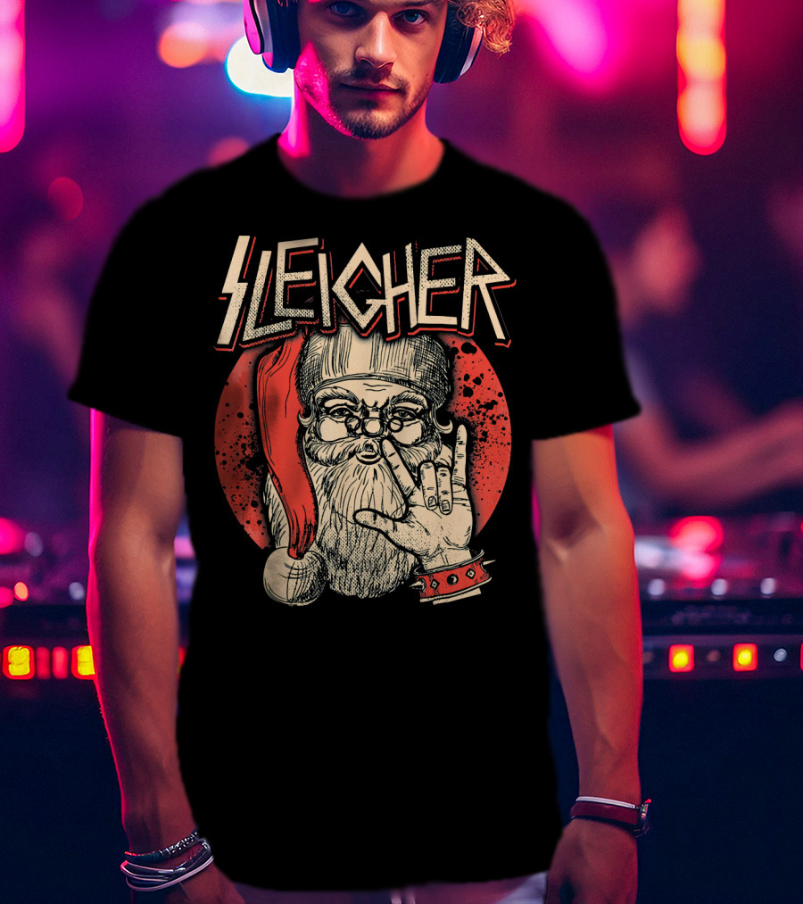 SLEIGHER Heavy Metal Music Santa Circle Red Santa Hat Hand Gesture T-Shirt
