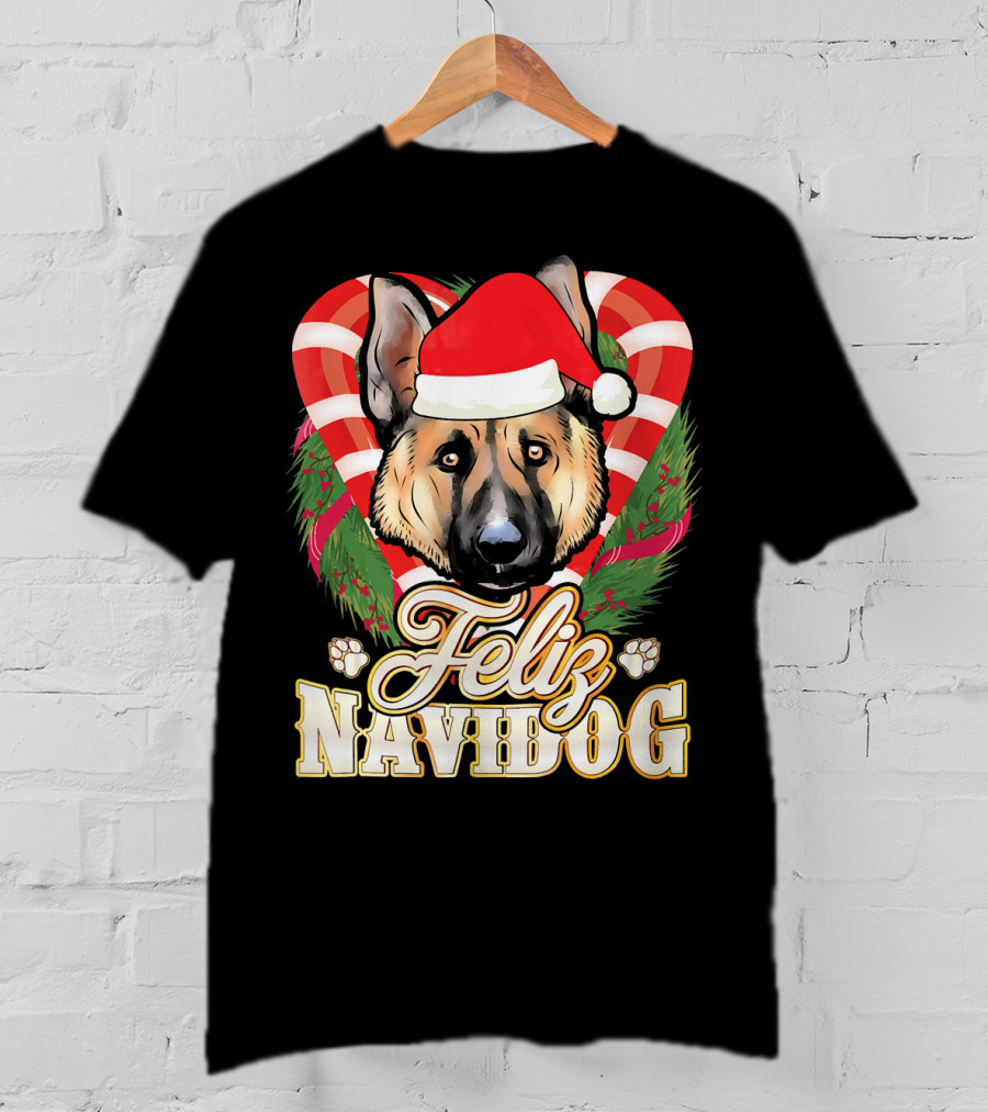 Feliz Navidog German Shepherd Santa Hat Christmas Wreath T-Shirt