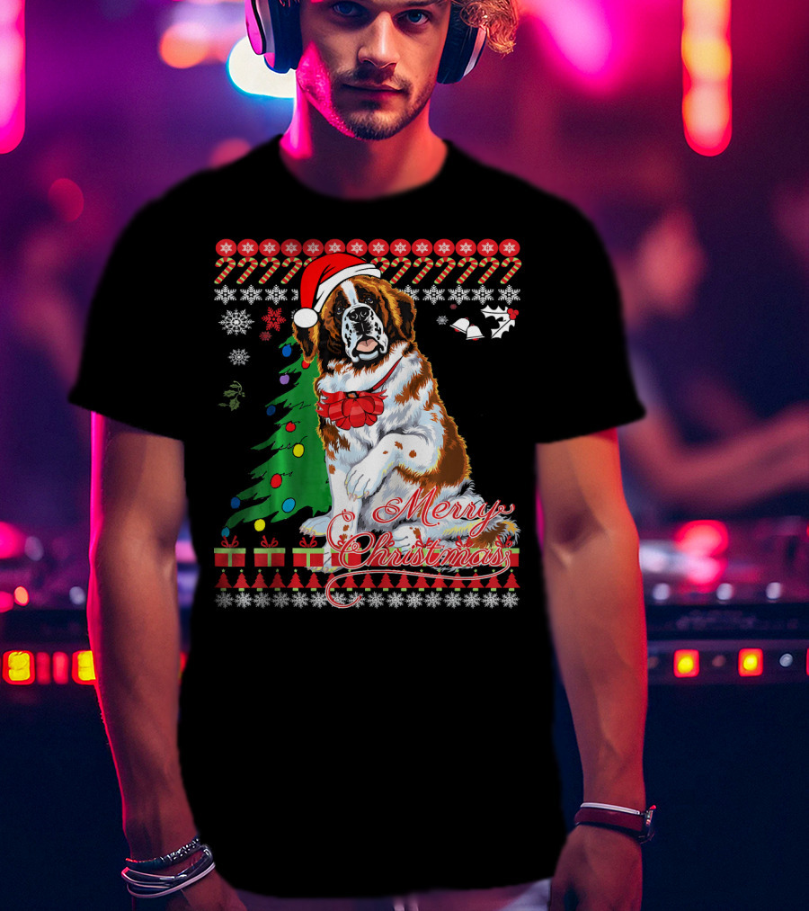 Merry Christmas Saint Bernard Dog Ugly Christmas T-Shirt