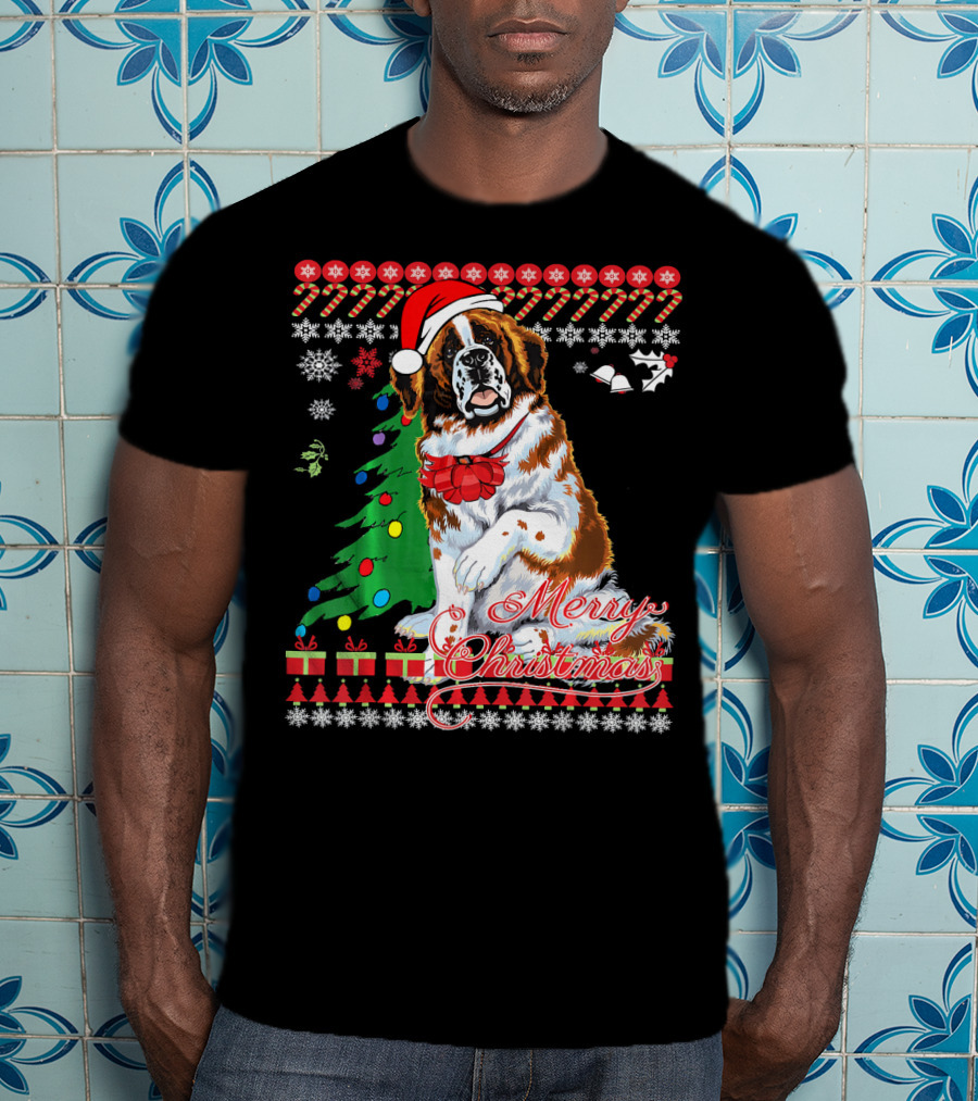 Merry Christmas Saint Bernard Dog Ugly Christmas T-Shirt