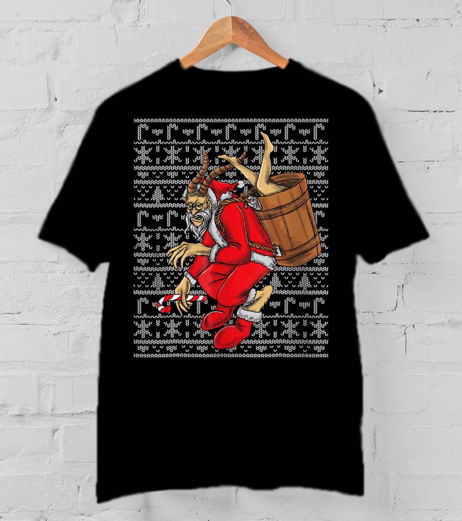 Krampus Ugly Christmas Sweater-Style Santa With Barrel And Candy Cane T-Shirt