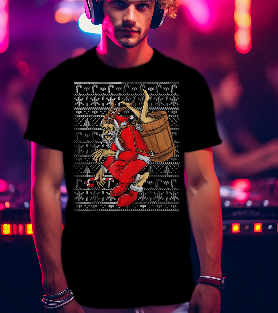 Krampus Ugly Christmas Sweater-Style Santa With Barrel And Candy Cane T-Shirt