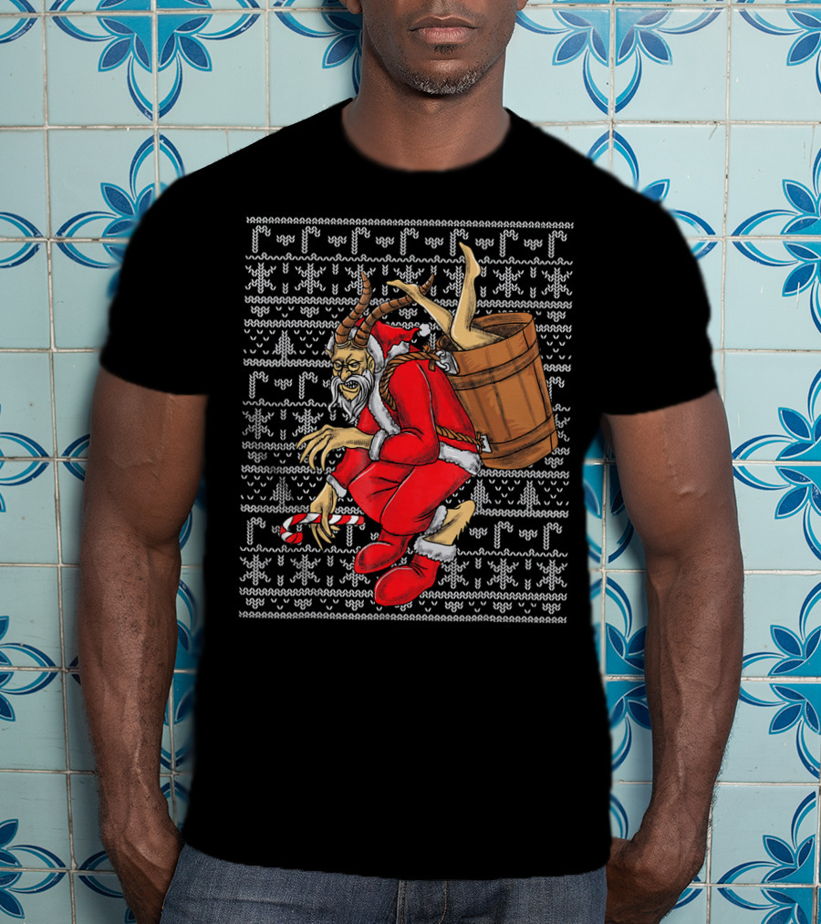 Krampus Ugly Christmas Sweater-Style Santa With Barrel And Candy Cane T-Shirt