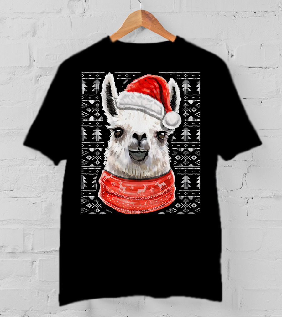 Ugly Christmas Llama Sweater With Santa Hat Festive T-Shirt