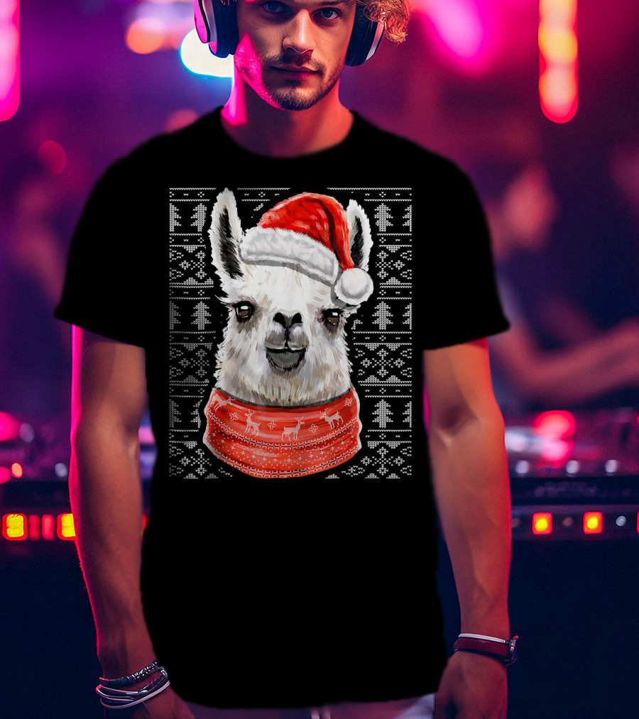 Ugly Christmas Llama Sweater With Santa Hat Festive T-Shirt