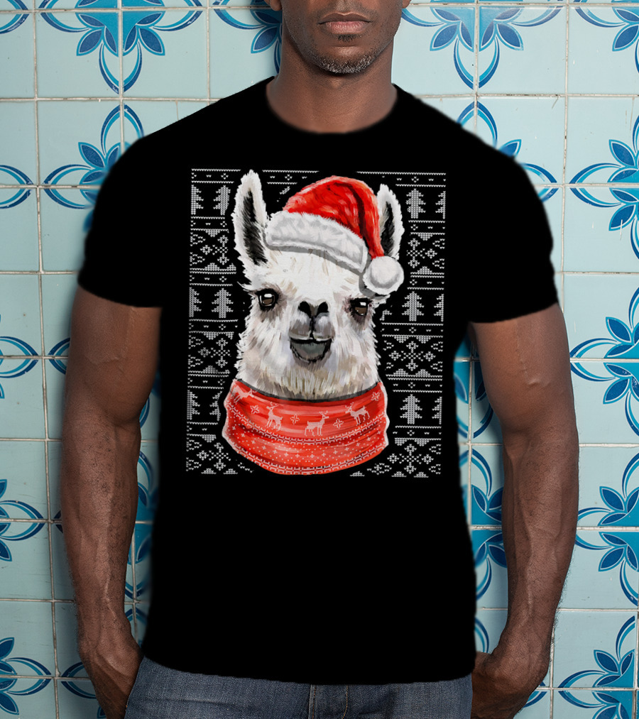 Ugly Christmas Llama Sweater With Santa Hat Festive T-Shirt