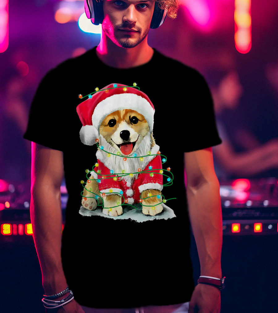 Festive Christmas Corgi Santa With Holiday Lights Corgmas San T-Shirt