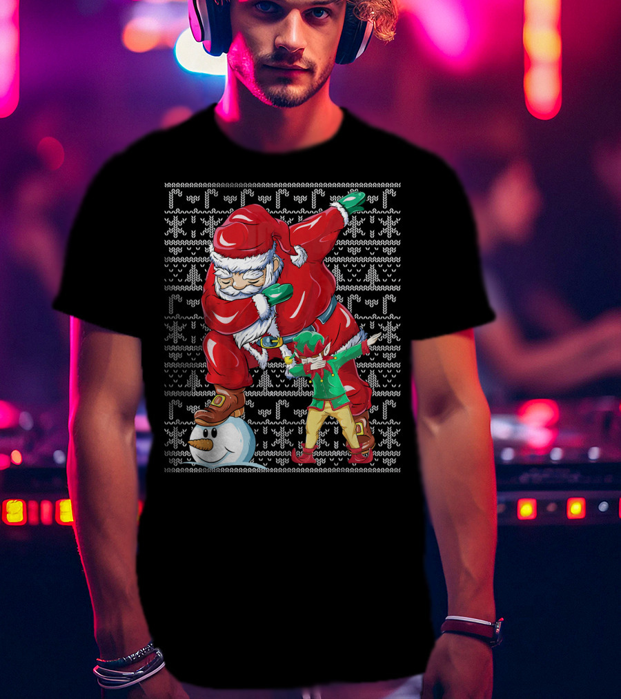 Christmas Dabbing Santa Elf With Snowman Head T-Shirt