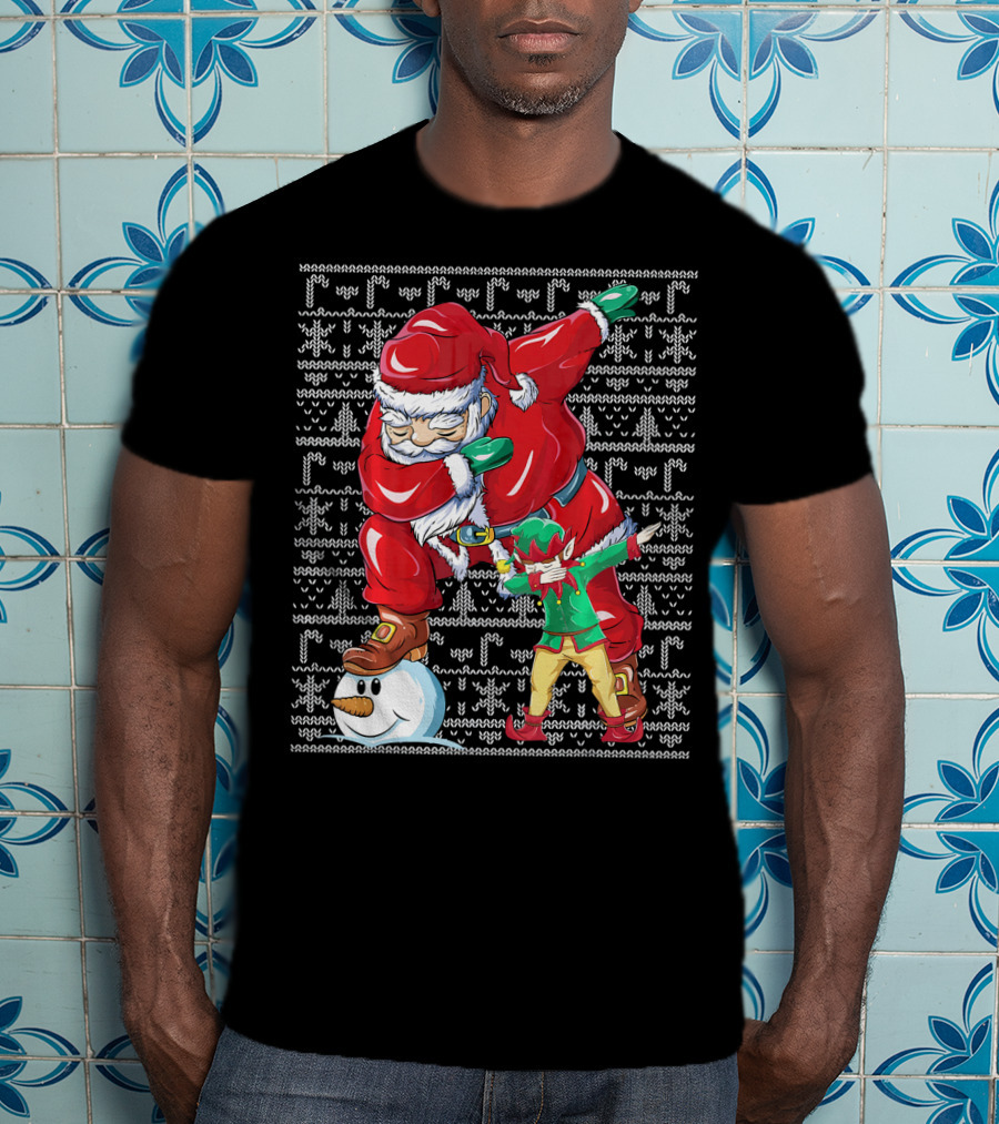 Christmas Dabbing Santa Elf With Snowman Head T-Shirt