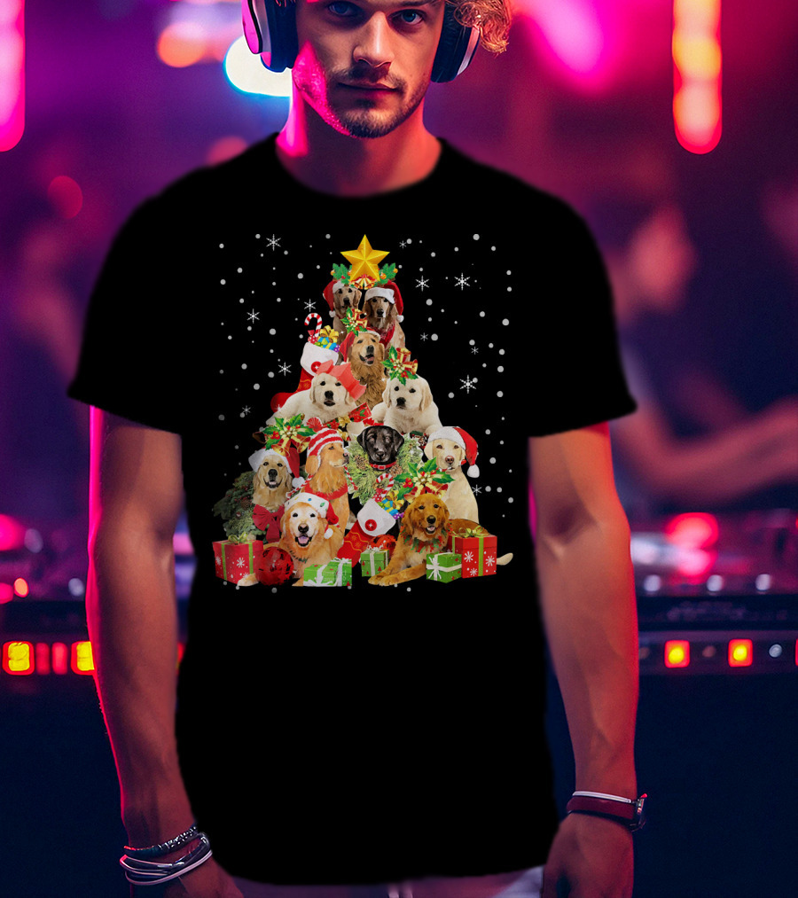 Golden Retriever Christmas Tree With Santa Hats And Presents T-Shirt