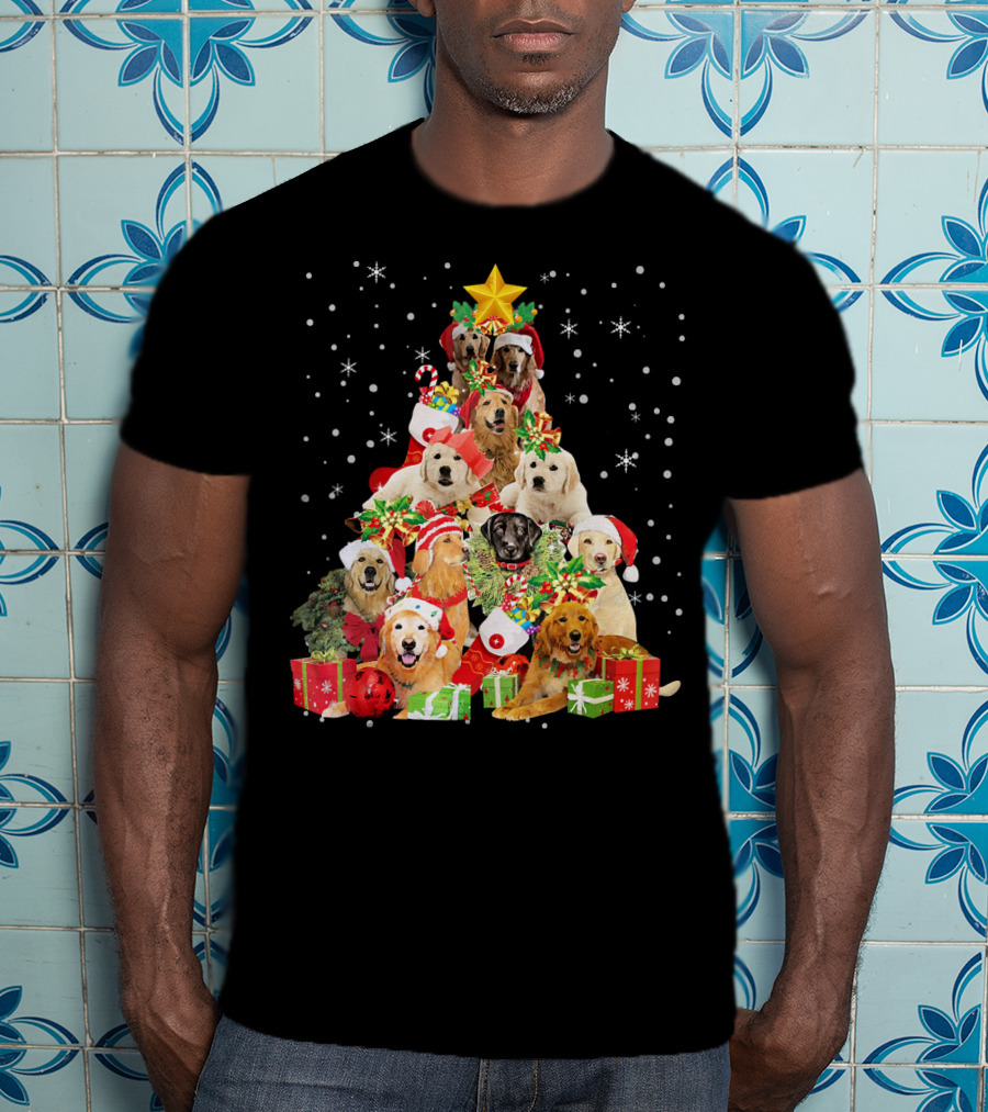 Golden Retriever Christmas Tree With Santa Hats And Presents T-Shirt