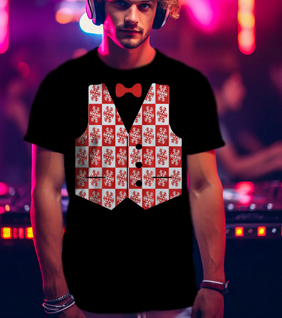 Red And White Snowflake Vest With Bow Tie T-Shirt