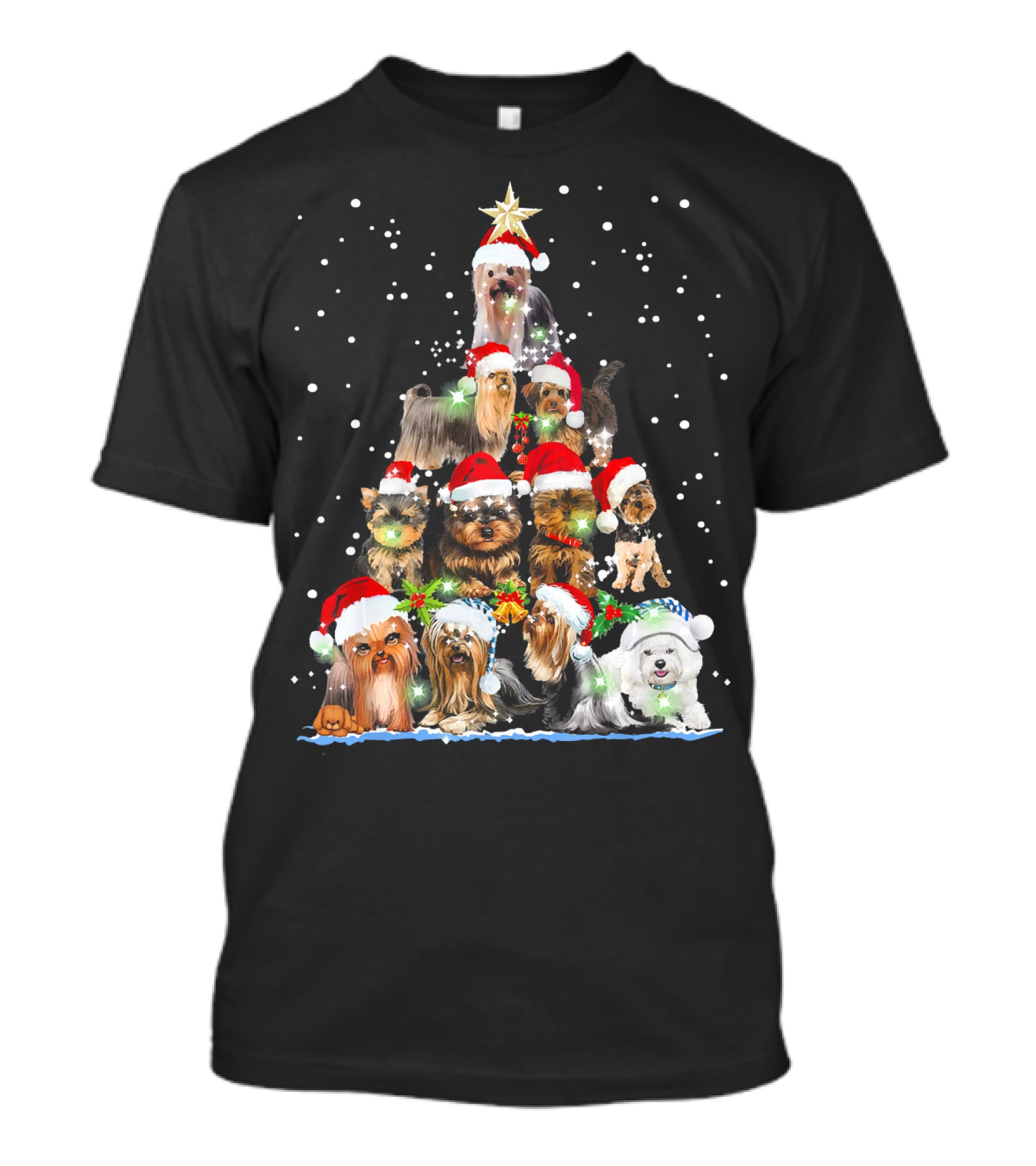 Yorkie Christmas Tree Santa Hats Dogs Snowflakes T-Shirt