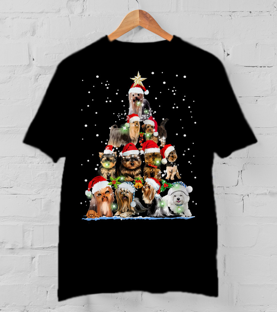 Yorkie Christmas Tree Santa Hats Dogs Snowflakes T-Shirt