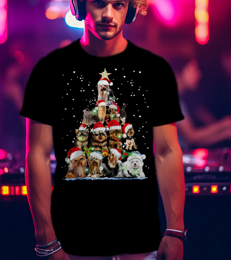 Yorkie Christmas Tree Santa Hats Dogs Snowflakes T-Shirt