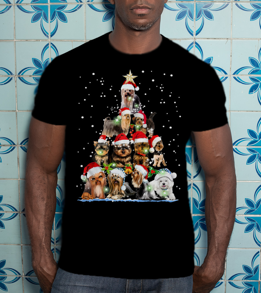 Yorkie Christmas Tree Santa Hats Dogs Snowflakes T-Shirt
