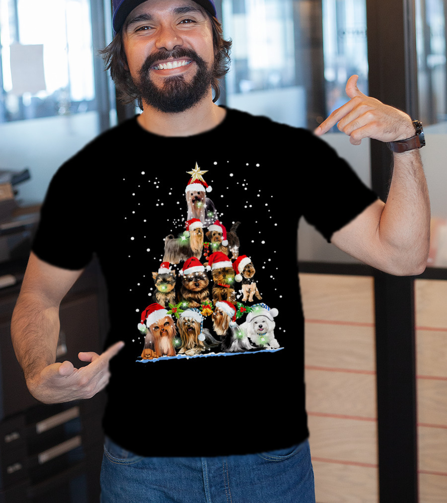 Yorkie Christmas Tree Santa Hats Dogs Snowflakes T-Shirt