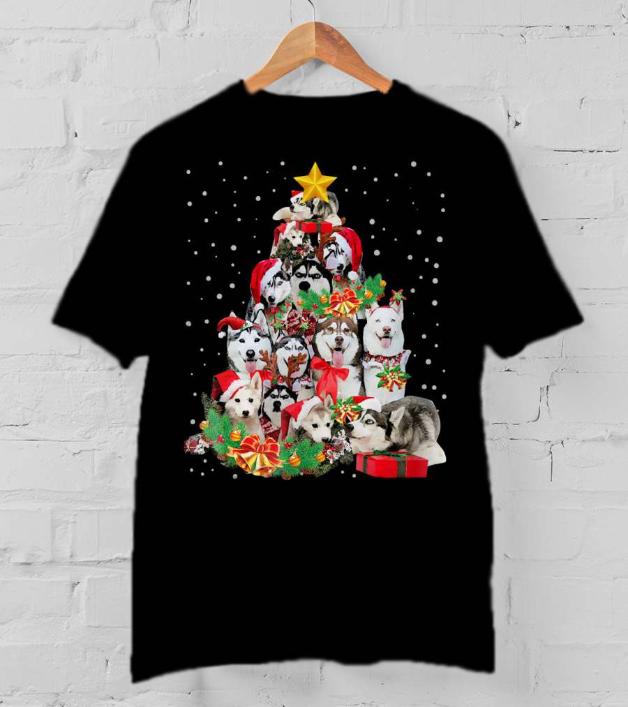 Siberian Husky Christmas Tree Festive Holiday Dogs With Gifts And Star T-Shirt