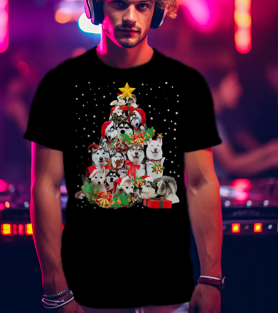 Siberian Husky Christmas Tree Festive Holiday Dogs With Gifts And Star T-Shirt