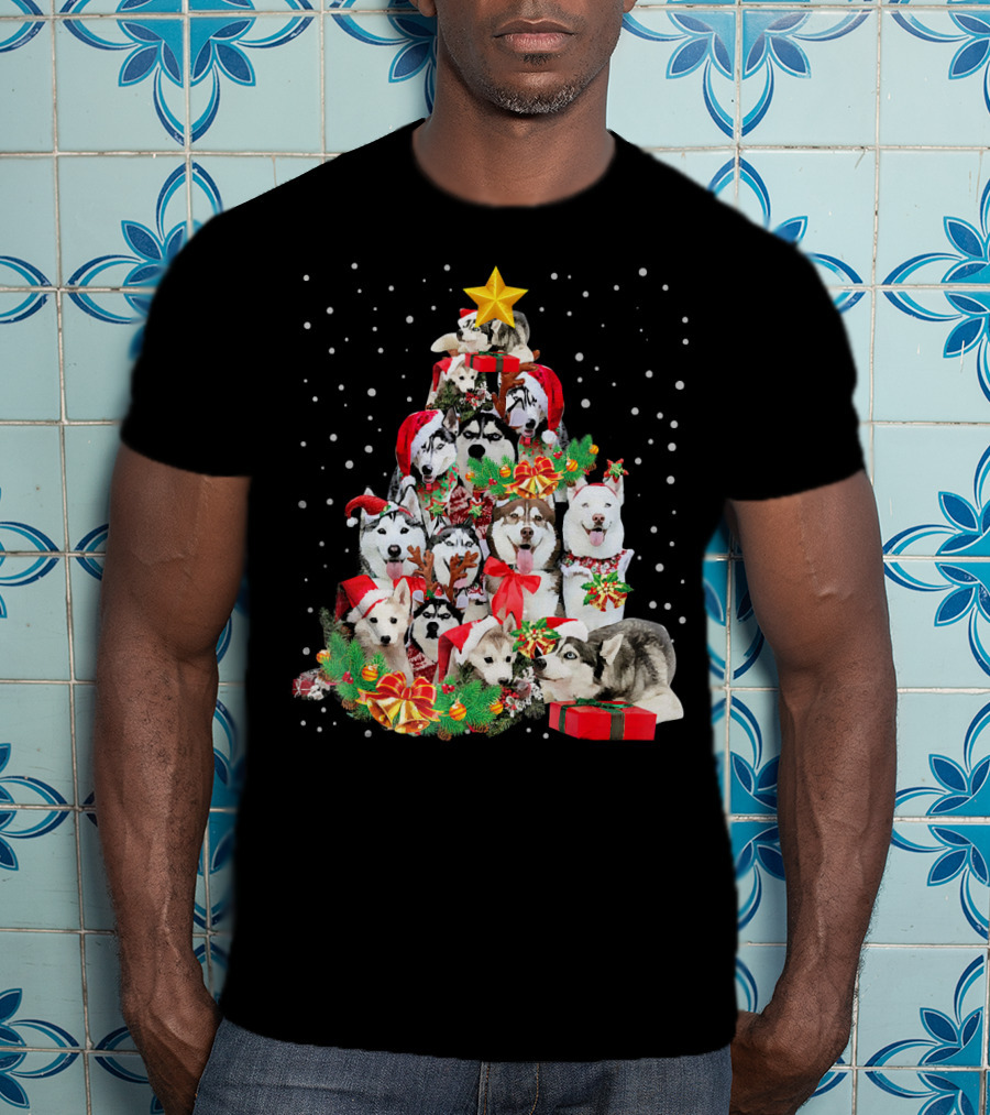 Siberian Husky Christmas Tree Festive Holiday Dogs With Gifts And Star T-Shirt