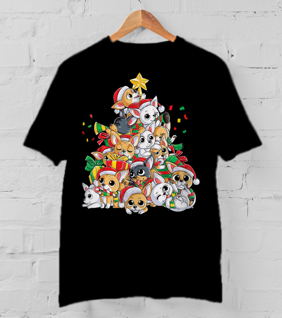 Chihuahua Christmas Tree Festive Dogs With Santa Hats And Presents T-Shirt