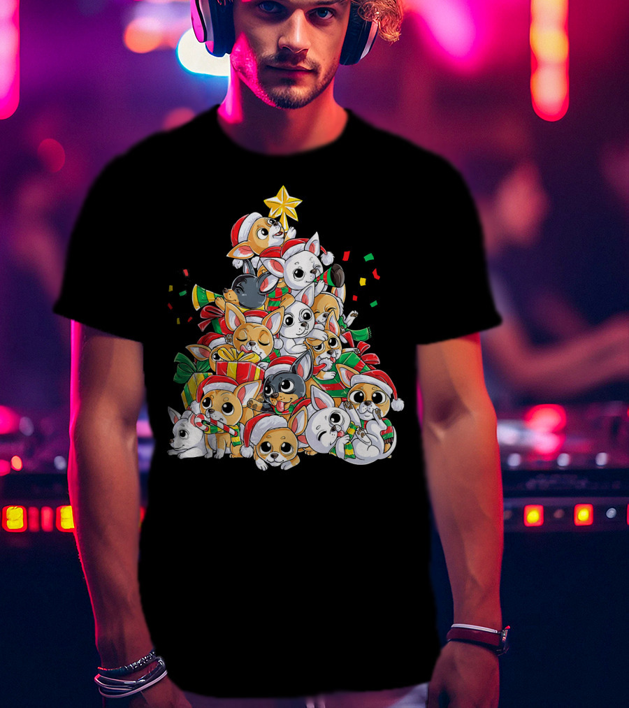 Chihuahua Christmas Tree Festive Dogs With Santa Hats And Presents T-Shirt