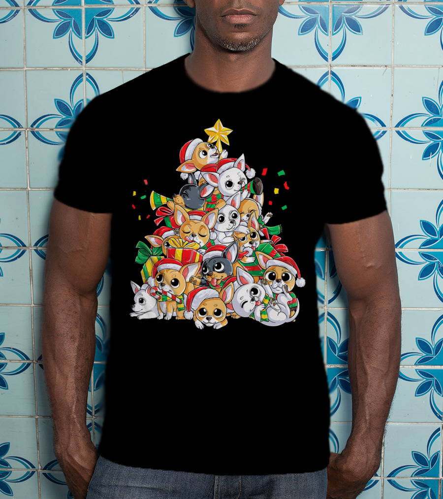 Chihuahua Christmas Tree Festive Dogs With Santa Hats And Presents T-Shirt