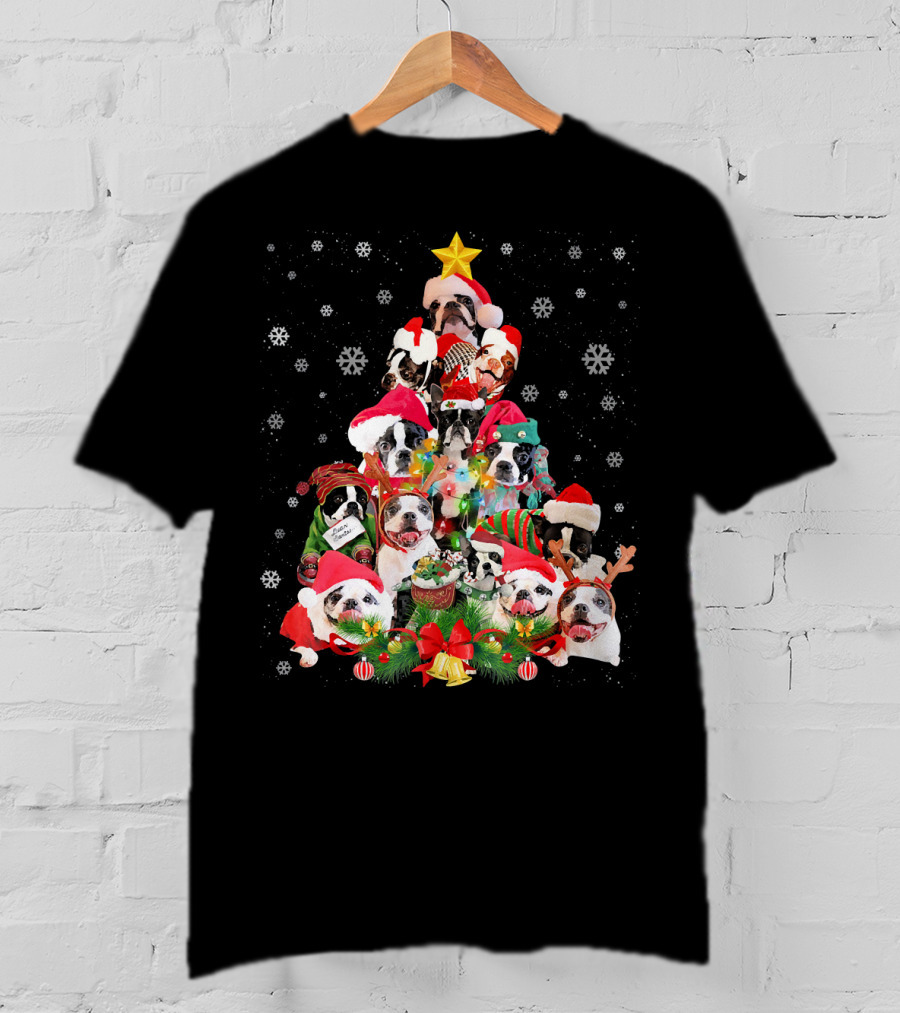 Boston Terriers Christmas Tree Snowflakes And Santa Hats T-Shirt