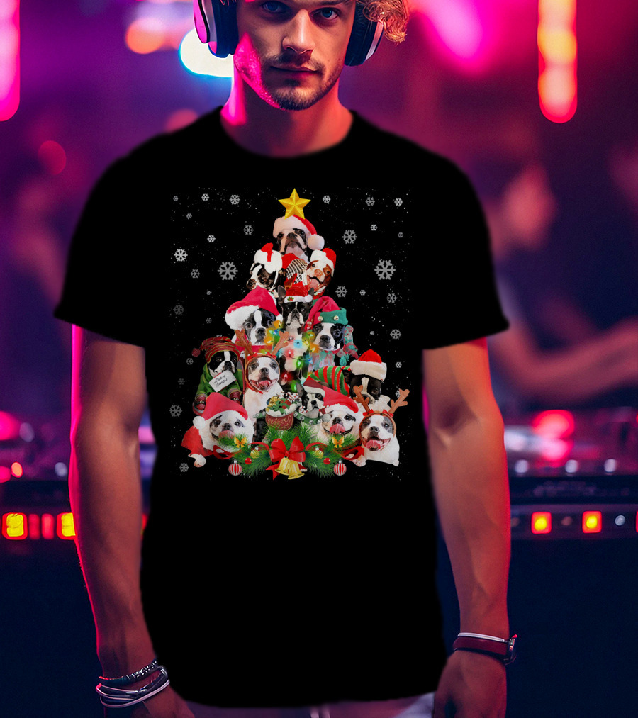 Boston Terriers Christmas Tree Snowflakes And Santa Hats T-Shirt