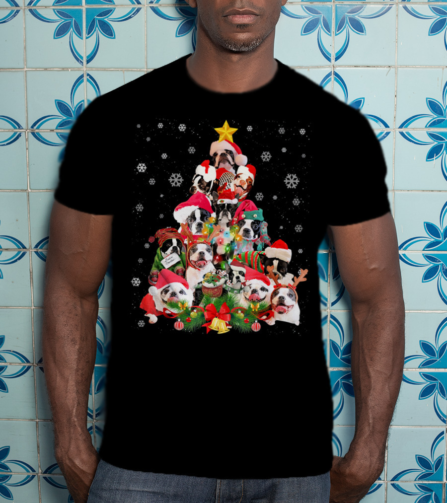 Boston Terriers Christmas Tree Snowflakes And Santa Hats T-Shirt